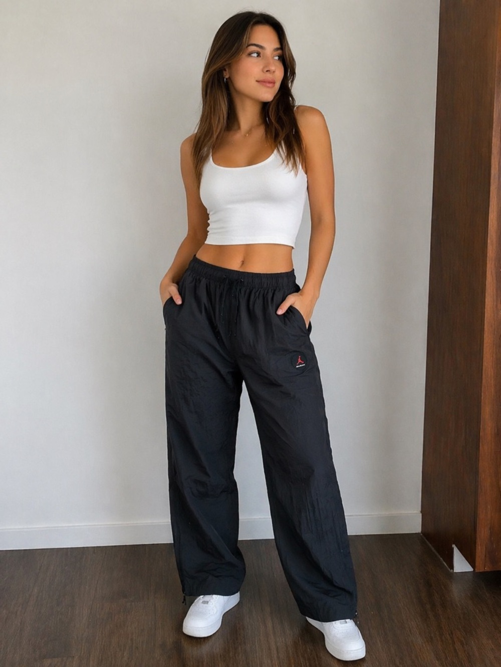 Jordan Nina Chanel Black Wide-Leg Track Pants with Subtle Logo NWOT